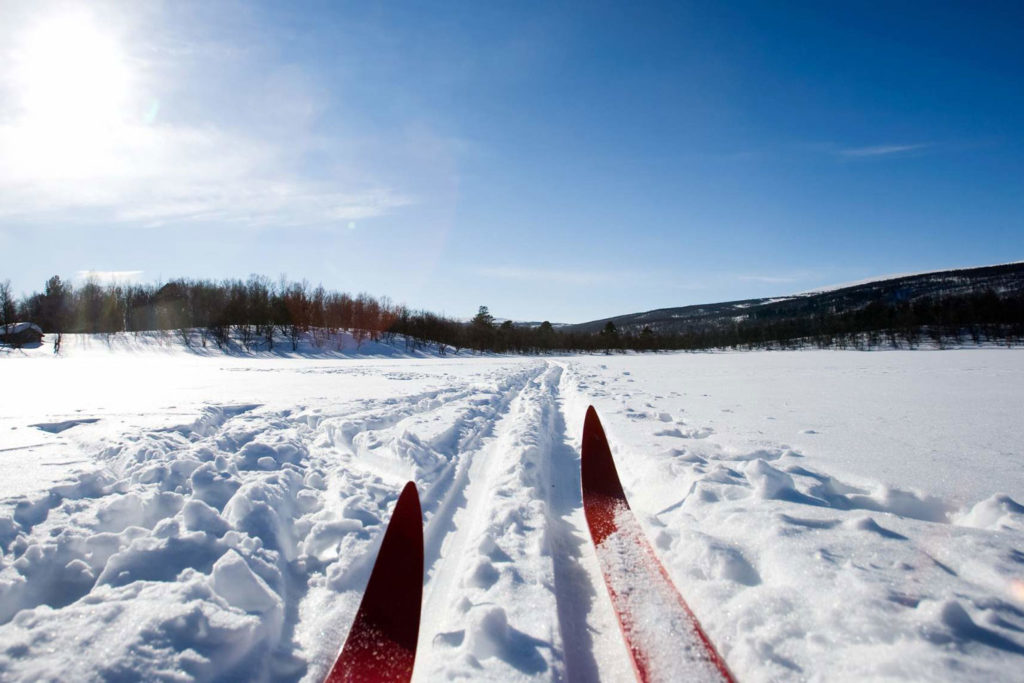 Nærbilde av to skitupper som er i et skispor på påskefjellet.